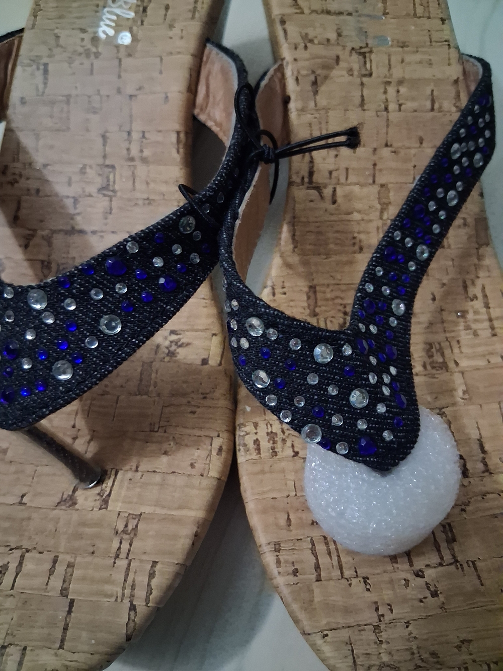 Ashley Blue Navy Rhinestone Cork Wedge Thong Sandals - Picture 2 of 6